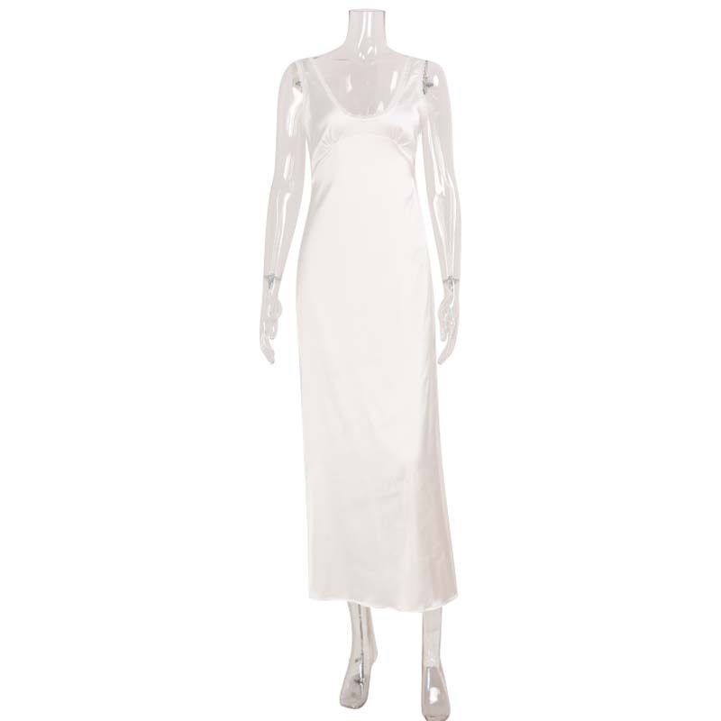 Cross-Border Summer French-Style Pure Desire V-Neck Backless Satin Texture Lace-Trimmed Sleeveless Waist-Cinching Elegant Dress White [Ready in Stock] S
