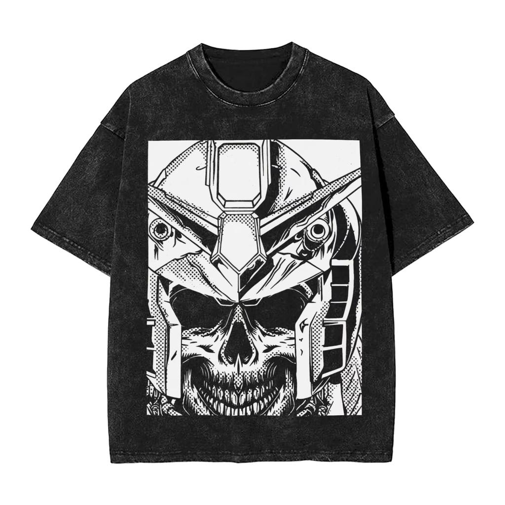 Mobile Suit Gundam Anime Harajuku Washed Retro Vintage T-Shirt Cotton Men's Streetwear Oversized Women's Short Sleeve