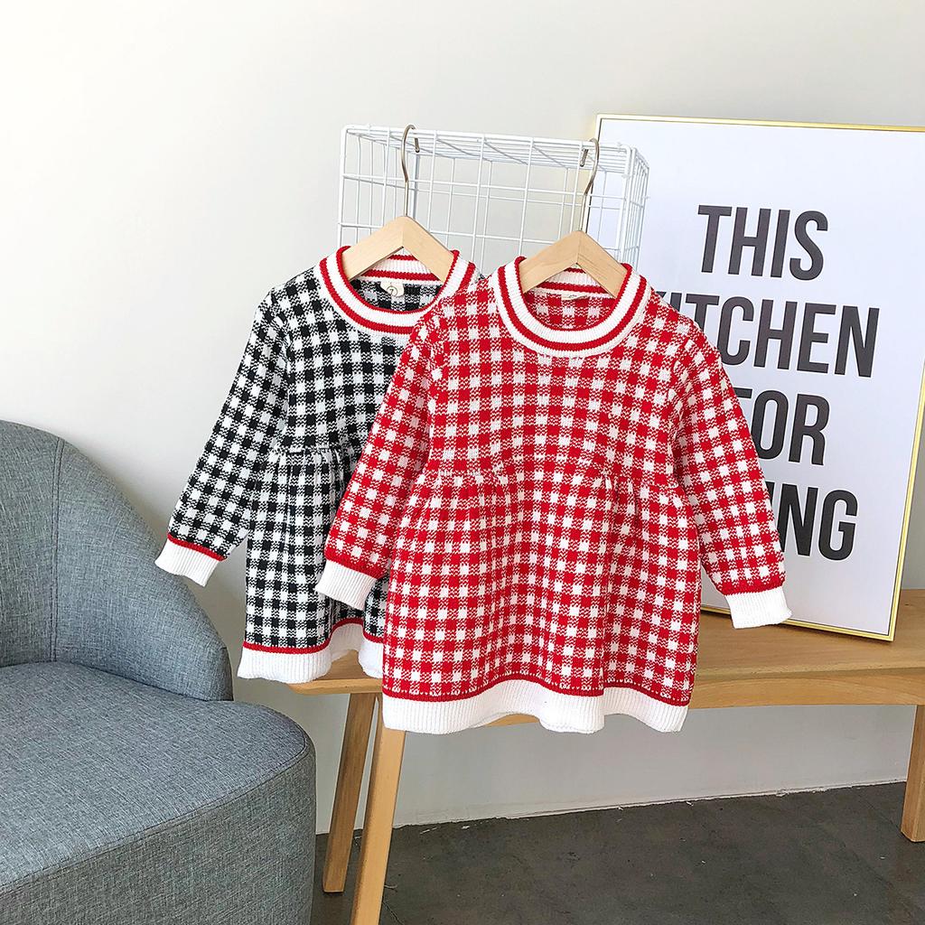 Dívčí šaty Dětská kostkovaná dětská pastorační sukně s dlouhým rukávem