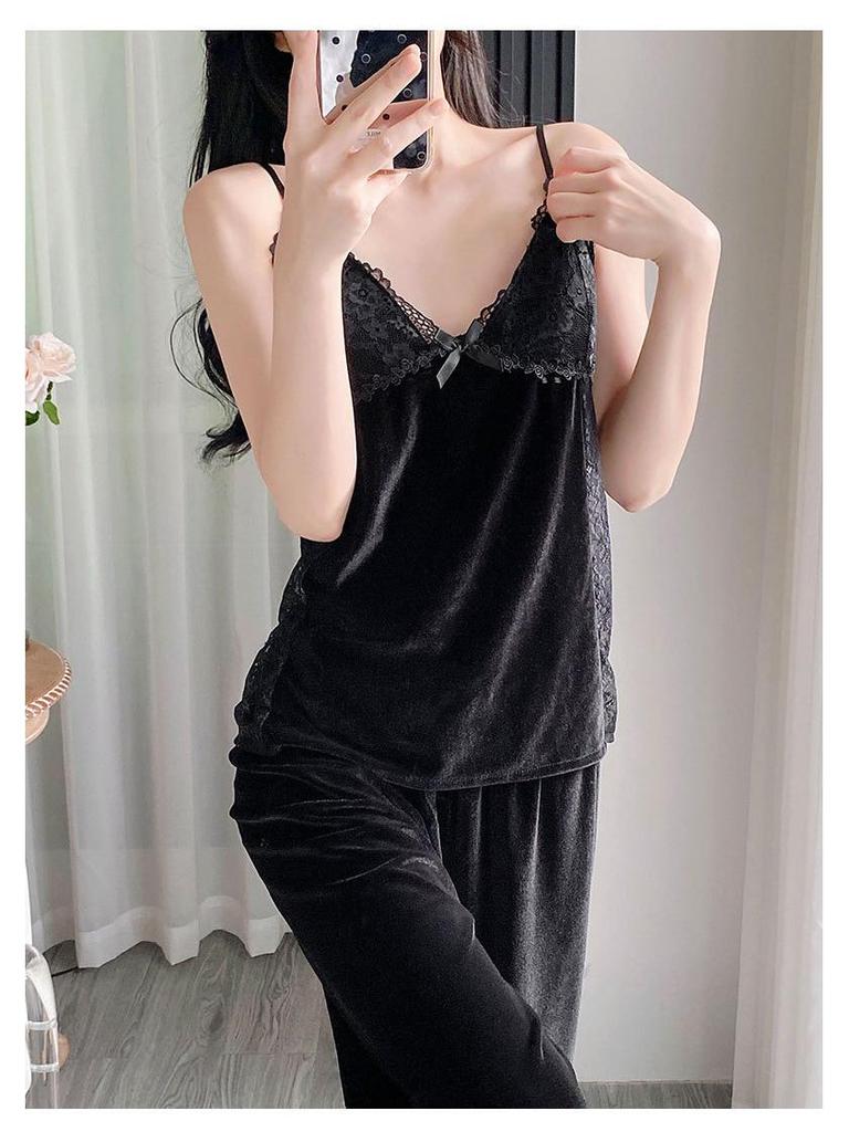 Damen Eisseide Dreiteiliger Pyjama-Set - Spitzen-Camisole, Lange Hose, Morgenmantel - Sexy Frühling/Sommer Homewear