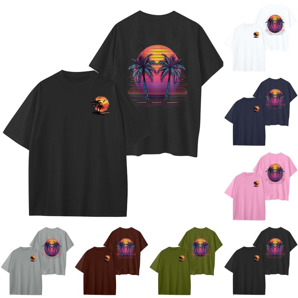 Women's Round Neck Fashionable Loose Hawaiian Print Short Sleeves