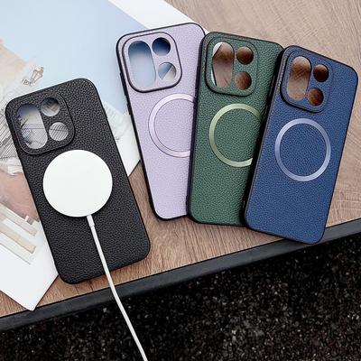 With Magsafe Magnetic Plain Leather Lychee Case For One Plus 15 13s 13T 13R 13 Ace 5 OnePlus Nord 5 4 CE 5 Camera Protect Cover