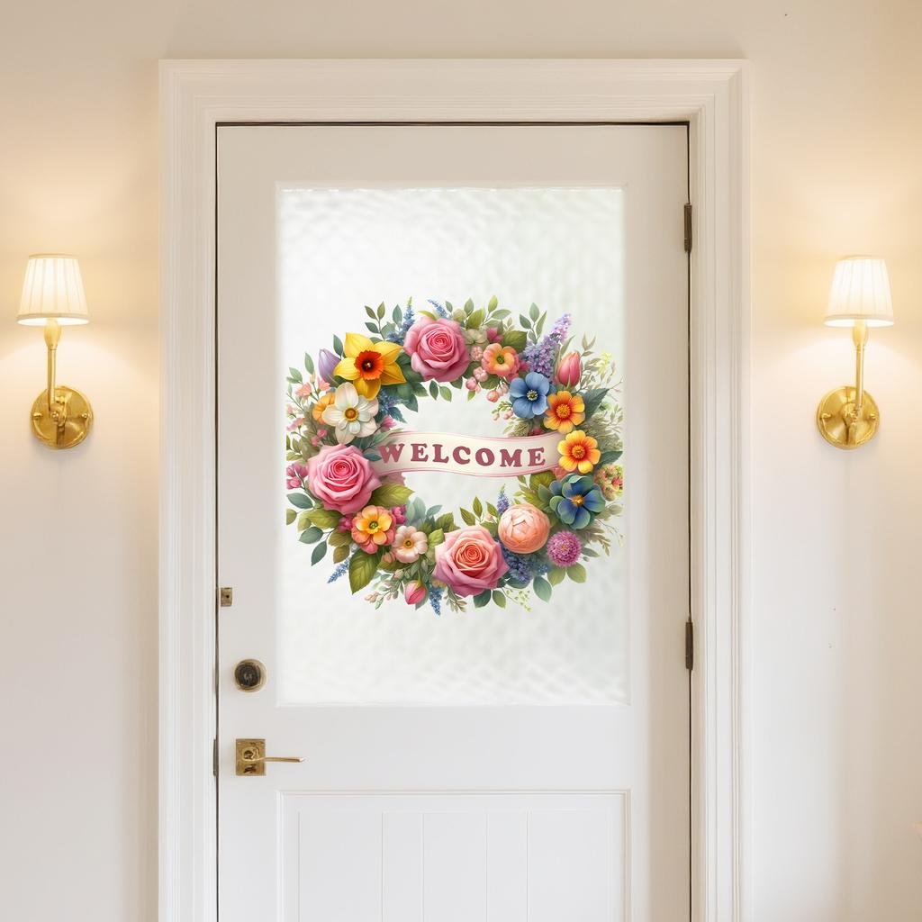 Welcome Wreath Static Cling Window Sticker Self-Adhesive Removable Bedroom Living Room Balcony Glass Door Home Decor Art