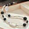Vintage High Quality Natural Freshwater Baroque Pearl Black Agate Artificial Crystal Pearl Sweater Chain Item