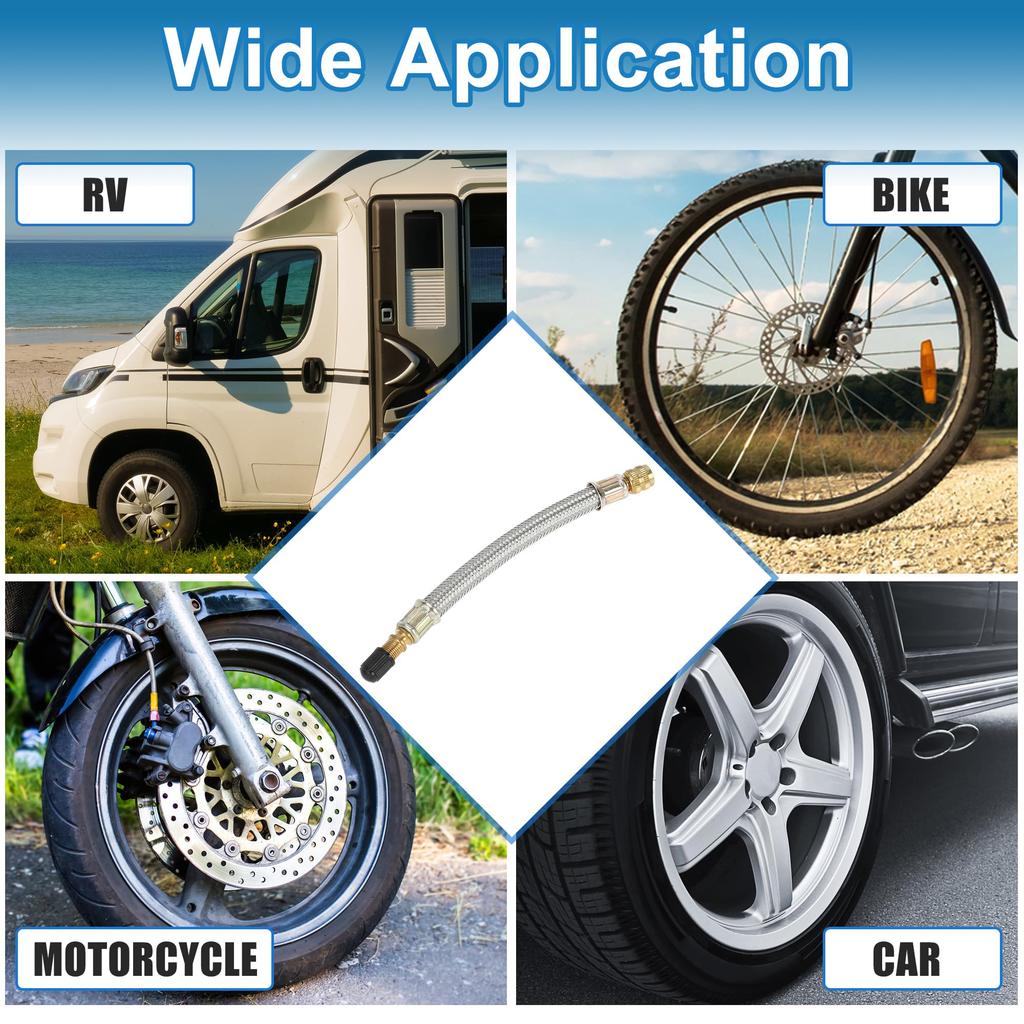 A ABSOPRO Tire Valve Stem Air Inflation Adapter Durable 150mm Long Tire Valve Extension Pure Copper Stainless Steel Silver Tone
