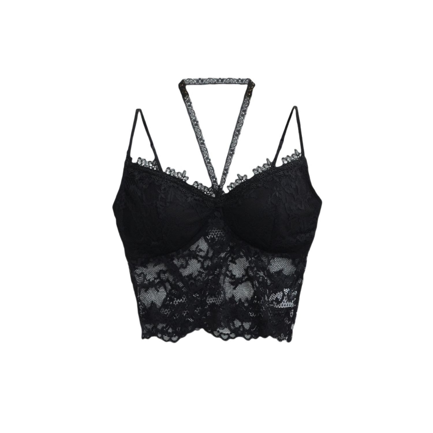 Women s Lace Trim Padded Spaghetti Strap Cami Top Slim Fit Crop Layered V Neck Bralette Top S чёрный