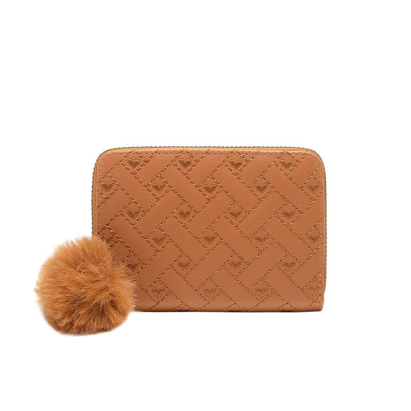 Ladies' Heart-shaped Embroidered Short Coin Purse, Fresh and Clean Fluffy Ball Pendant, Versatile Small Card Bag
