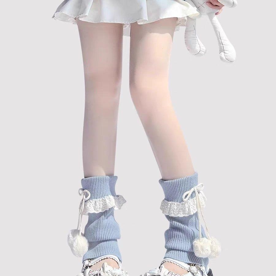 Dopamine Milk Blue Sock Covers Knitted Calf Sleeves Lace Trim JK Stacked Socks with Pom Poms Lolita Socks for Women