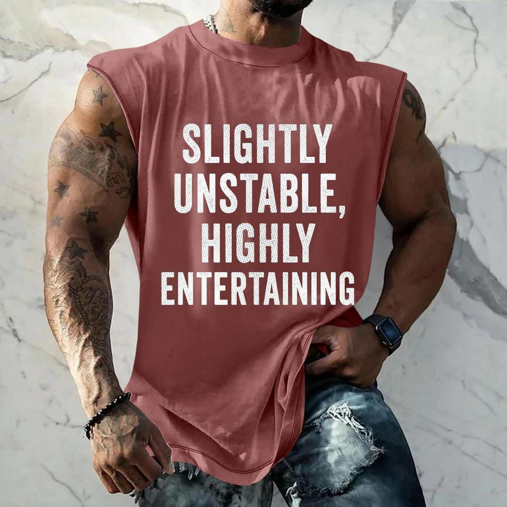 Men’s Sleeveless Casual Loose Fit T Shirt with Slightly Unstable Highly Entertaining Graphic Print Crew Neck Top