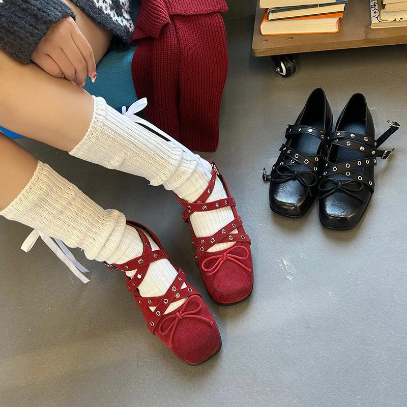 Sheepskin Version Cross Belt Buckle Ballet Shoes Women's New Red Mary Jane Shoes Shallow Mouth Flat Bow Single Shoes