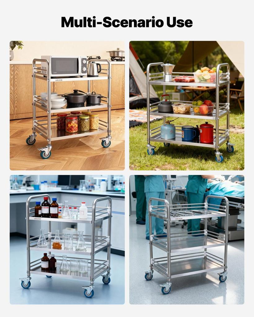 Stainless Steel Cart, 3-Tier Rolling Lab Utility Cart with Lockable Wheels, Medical Serving Trolley Clinic Tray, Heavy Duty Mobile Service Storage