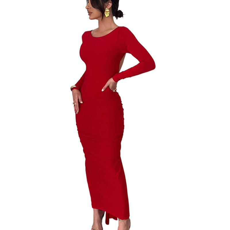 Sexy Horká Dívka Dámské Oblečení Horký Prodej Šaty Dlouhý Rukáv Upnuté Nepravidelné Šaty Obepínající Boky Bez Zad Večerní Párty Formální Šaty