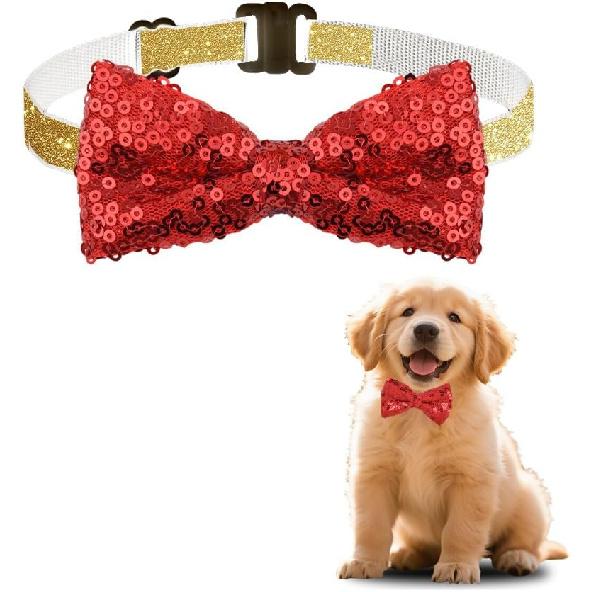 Pet Christmas Collar for Dogs Cats Kitten Puppy Red Glitter Bow Tie for Dog Cat Red Sequin Bow Ties for Cats Dogs Christmas Accessories for Dog