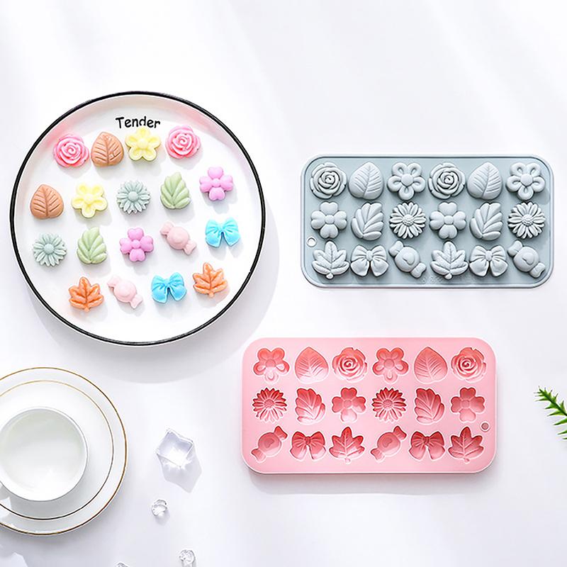 1Pc 18 Cavities Flower Silicone Molds Diy Rose Flower Candy Molds Rose Leaf Bow Tie Shape Molds Pudding Soap Cookie Molds