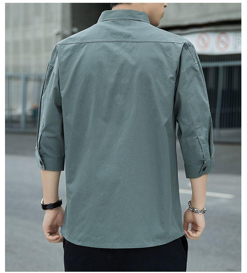 Men's Pure Cotton Seven-Sleeve Shirt - Spring/Summer Solid Color, Loose Fit, Trendy Casual Workwear with Versatile Pocket.