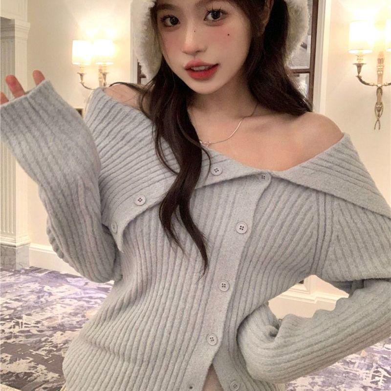 Korean Style Off-Shoulder Knit Cardigan - Women's Autumn/Winter Slim Fit Sweater with Turn-Down Collar