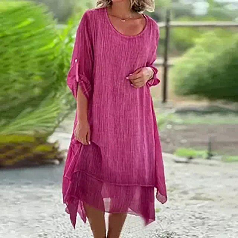 

round-Neck Long-Sleeve Dress European and American Solid Casual Loose round Neck Long sleeve dress Rose Red 5XL