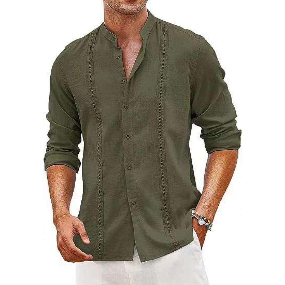 Men's Cotton and Linen Solid Color Casual Long Sleeved Shirt