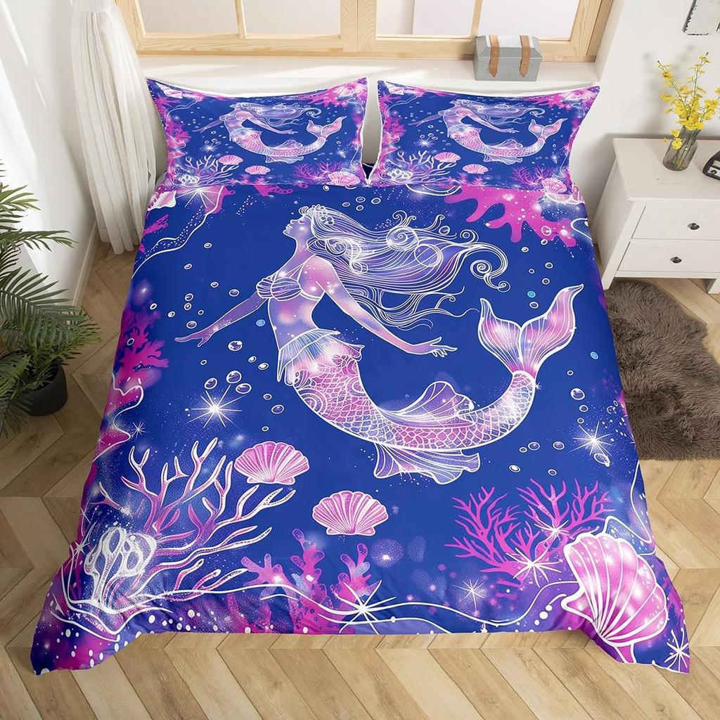 Cute Cartoon Mermaid Duvet Cover Twin Queen Ocean Themed Bedding Set Mermaid Princess Comforter Cover For Kids Girls Room Decor
