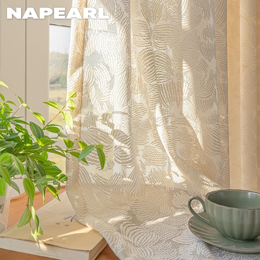 1PC NAPEARL Romantic and Exquisite French Hollow Transparent Tulle Beige Jacquard Sheer Curtain for Living Room Bedroom Balcony Window Home Decor