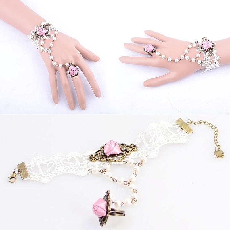 Chic Gothic White Flower  Lace Choker Bib Necklace Beads Chain Pendant Rose Decorate