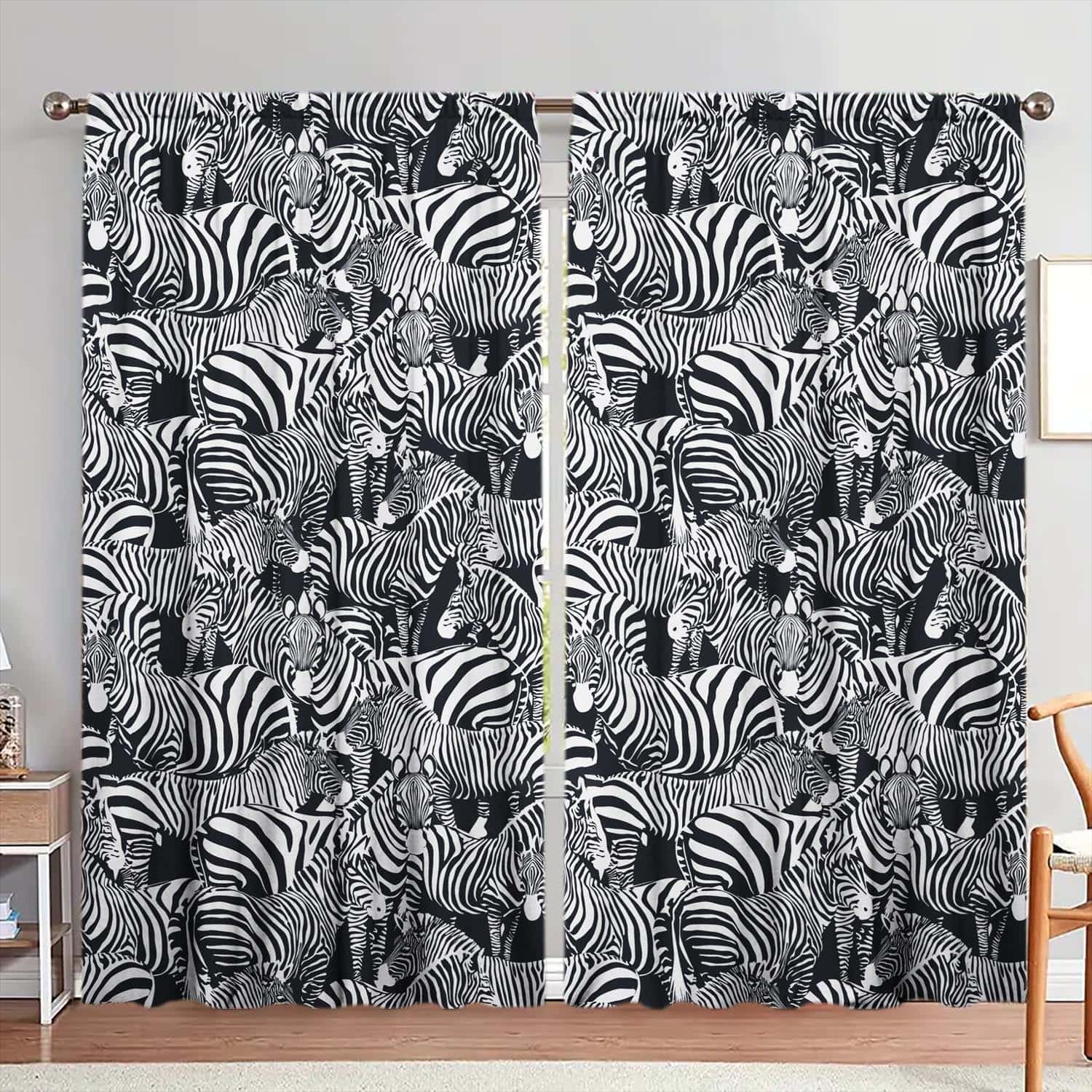 

2 шт. Занавеска для шеста с зебровым черно-белым полосатым бесшовным полиэфирным волокном Полупрозрачная без подкладки 100*130 Rod Pocket 1pcs