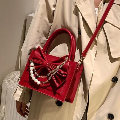 Wedding Bag Luxury Women's Bow Beaded Chain Shoulder Bag   New Red Bride Handbag Temperament Elegant Crossbody Bags