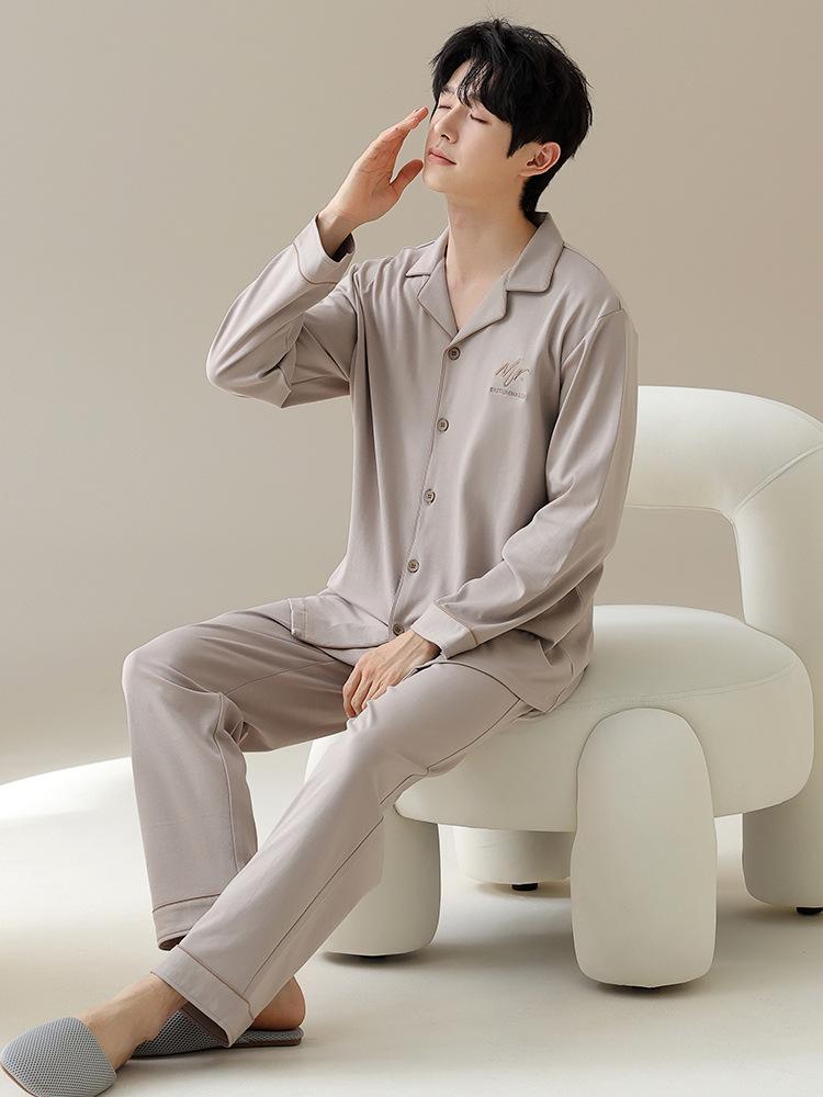 Couple's All-Cotton Long Sleeve Pajamas - Solid Color Cardigan Homewear for Men and Women, Ideal for Autumn and Winter.