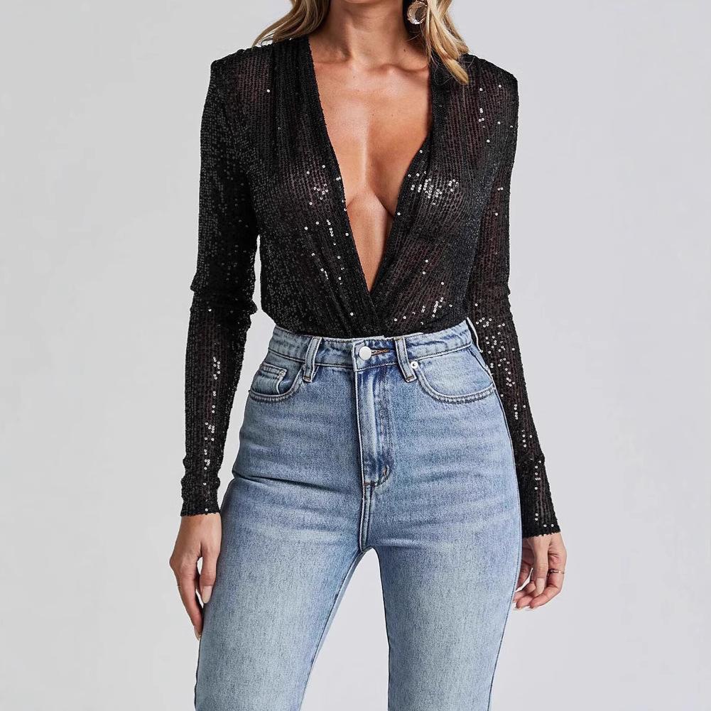 2024 Europese & Amerikaanse Diepe V Pailletten Lange Mouw Jumpsuit voor Dames