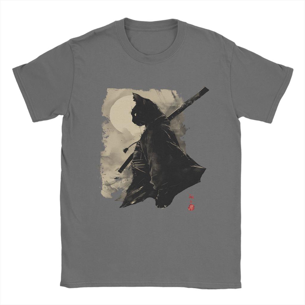 TShirts Unisex Samurai Cat Leisure Pure Cotton Tee Shirt Round Neck Short Sleeve T Shirt Plus Size Clothing