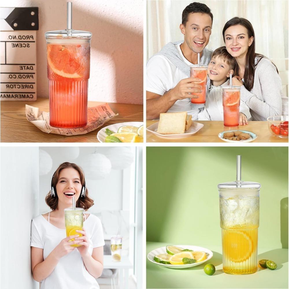 Stripe Glass Cup with Lids and Straws High Borosilicate Tumblers Transparent Drinking Glasses for Iced Coffee Cup Tea Water Cups