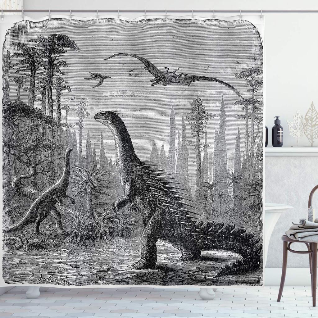 Dinosaur Shower Curtain For Bathroom, Funny Jurassic Dino World Park Shower Curtain Sets Bathtub Decor With Hooks Waterproof