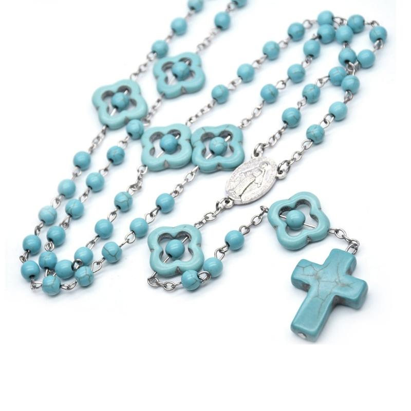 Blå turkosa pärlor Rosenkranshalsband katolska korshängande halsband för kvinnor Smycken Meditation Kristen Religiös
