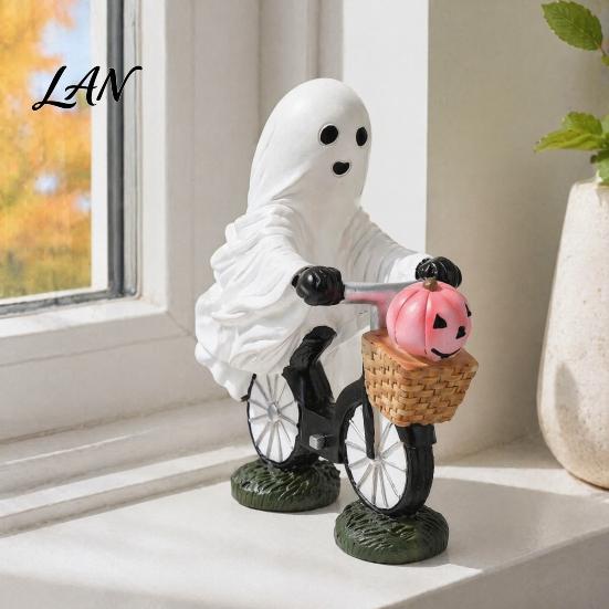 Artistic Halloween Resin Craft Ghost Riding Bicycle Figurine, Spooky Desk Shelf Decor for Funny Rider Desktop Accessory Home Entryway, Hand-Painted