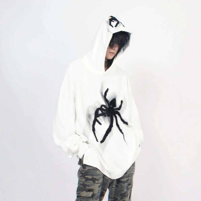 Felpa con Cappuccio Stampa Ragno Donna Streetwear Vestibilità Larga con Dettaglio Bottone Fondo Spaccato Stile Hip Hop