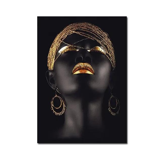 African Women Canvas Painting Black Gold Woman Poster and Prints Scandinavian Wall Art Picture for Home Decor Living Room Mural