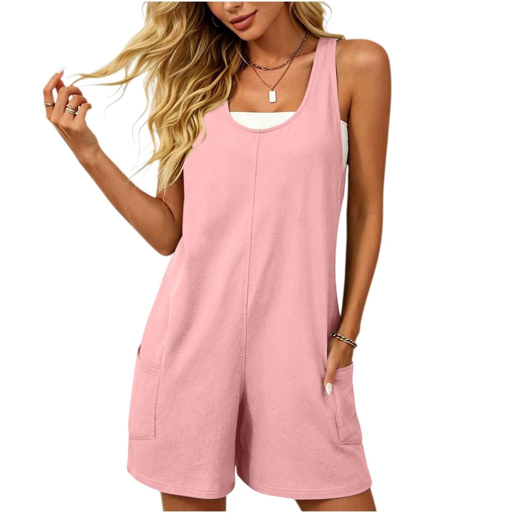 Women Sleeveless Jumpsuit Casual Loose Fit Pocket Solid Color Romper Soft Fabric Comfortable Summer Wear