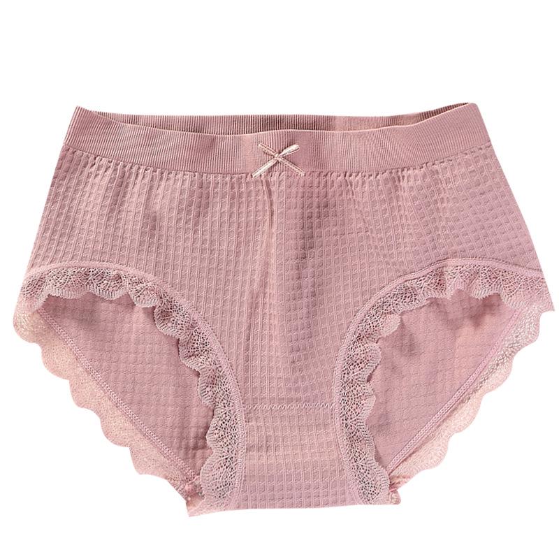 Women's Plaid Lace Edge Seamless Waffle Underwear with Graphene Crotch and Bowknot