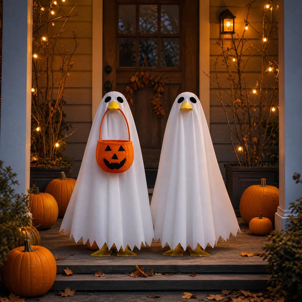 Halloween Porch Goose Ghost Costume with Pumpkin Bucket Accessory Lightweight Fabric and Adjustable Fit for Outdoor Decoration and Festive Display