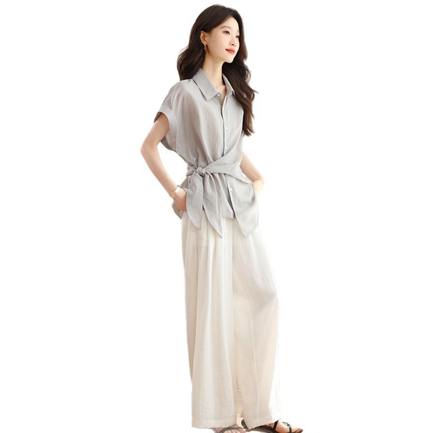 Fashion suit women's  new design sense casual Tencel short-sleeved shirt wide-leg pants two-piece set