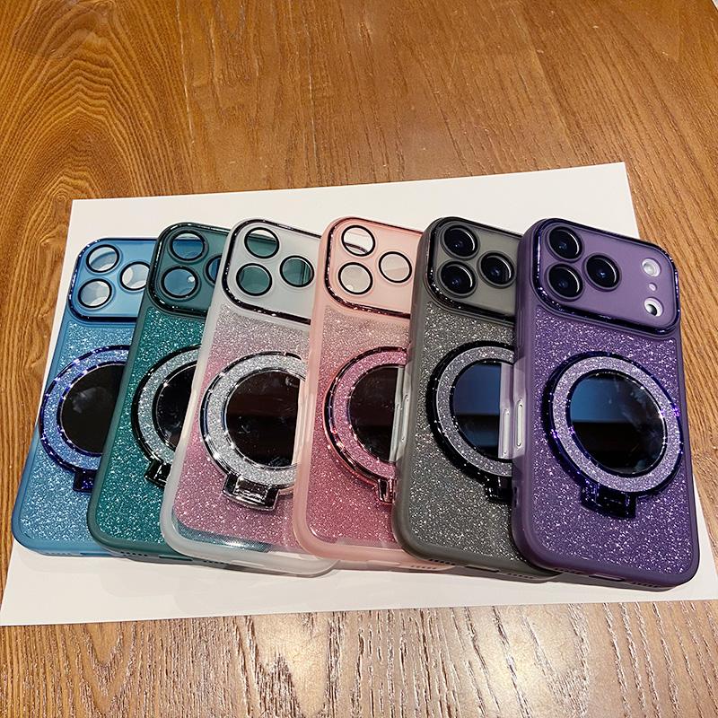 Luxury Glitter Lens Film Full Protection Phone Case for IPhone 17 Air 16 15 14 13 12 Pro Max 17Pro Mirror Magnetic Bracket Cover
