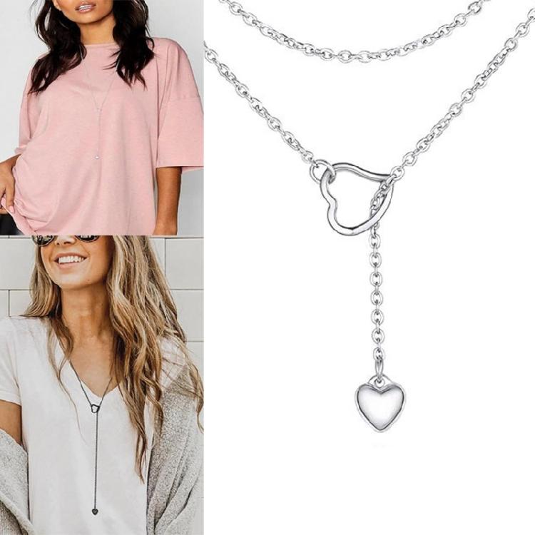 Modern Long Necklace with Heart Pendants Trendy Adjustable Lariat Necklace with Heart Charm Unique Neckchain for Ladies