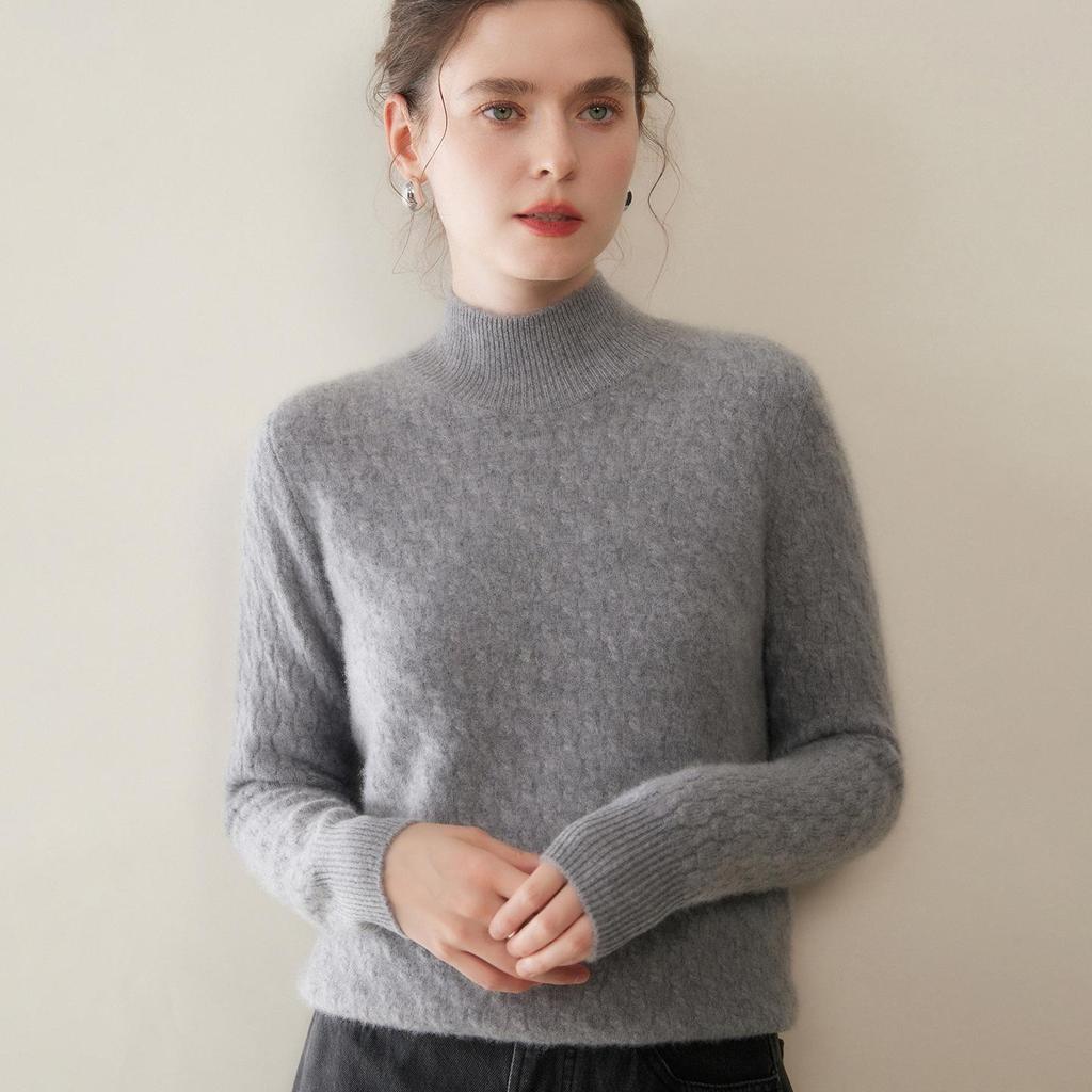 Women's Cable Knit Cashmere Sweater – Loose, Simple, Thickened, Half-High Neck for Autumn/Winter