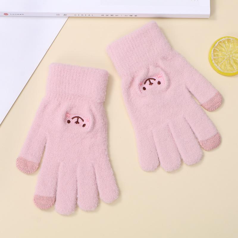 Embroidered Gloves Women Cute Cartoon Smile Bear Autumn Winter Warm Unisex Knit
