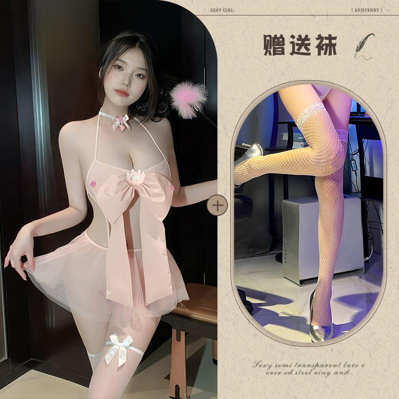 Pink Bow Three-point Erotic Underwear Pure Desire Temptation Splicing Mesh Perspective Free-to-take Set