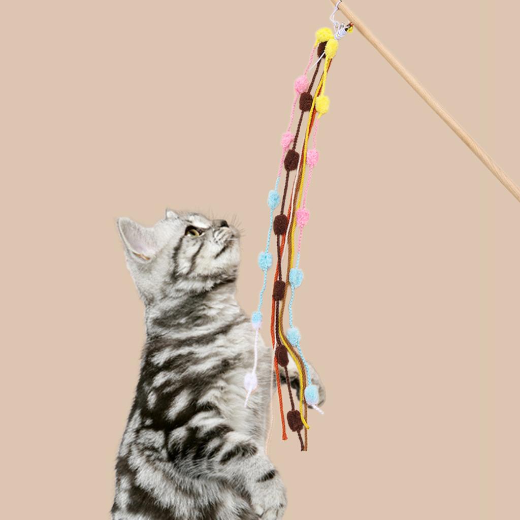 Colorful Ball Cat Teaser Wand With Bell Long Handle Interactive Toy For Kittens Safe Chew Proof Biting Play