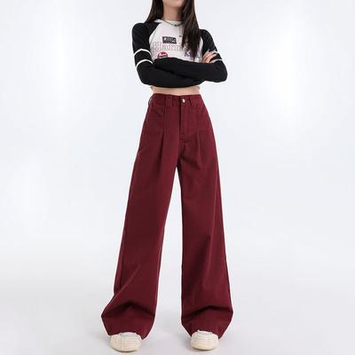 Red Draped Retro Straight Jeans for Women Wide-leg Large Size Spring and Autumn New High-waist Loose Slim Floor Pants