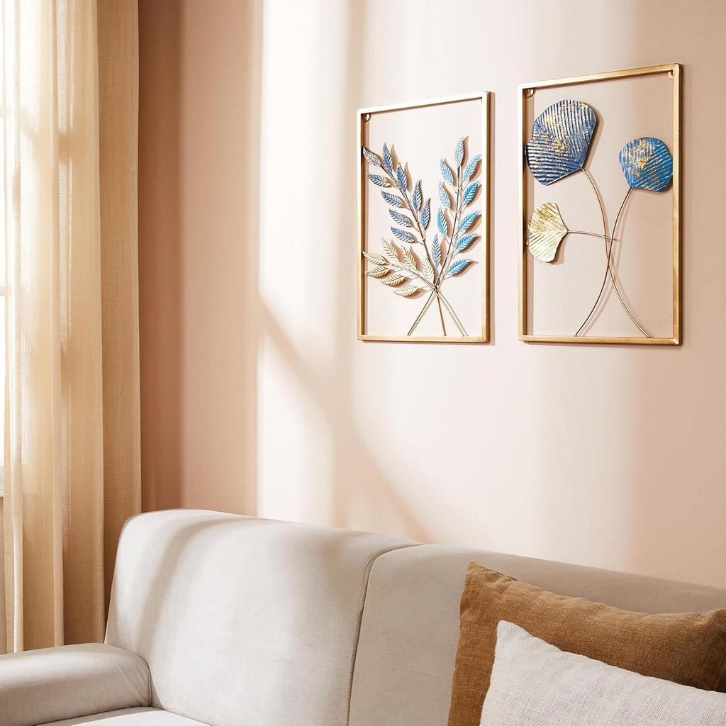 Metal Leaf Wall Hanging Decor | Nature-Inspired Leaf Design | Easy Installation (Set of 2 | Gold)