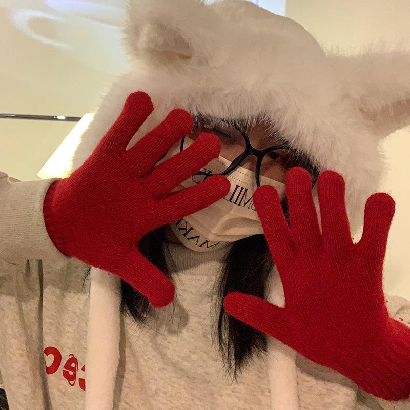 Solid color knitted gloves for women's winter windproof cycling, warm and cold-proof hand protection, five-finger finger student riding gloves, Korea