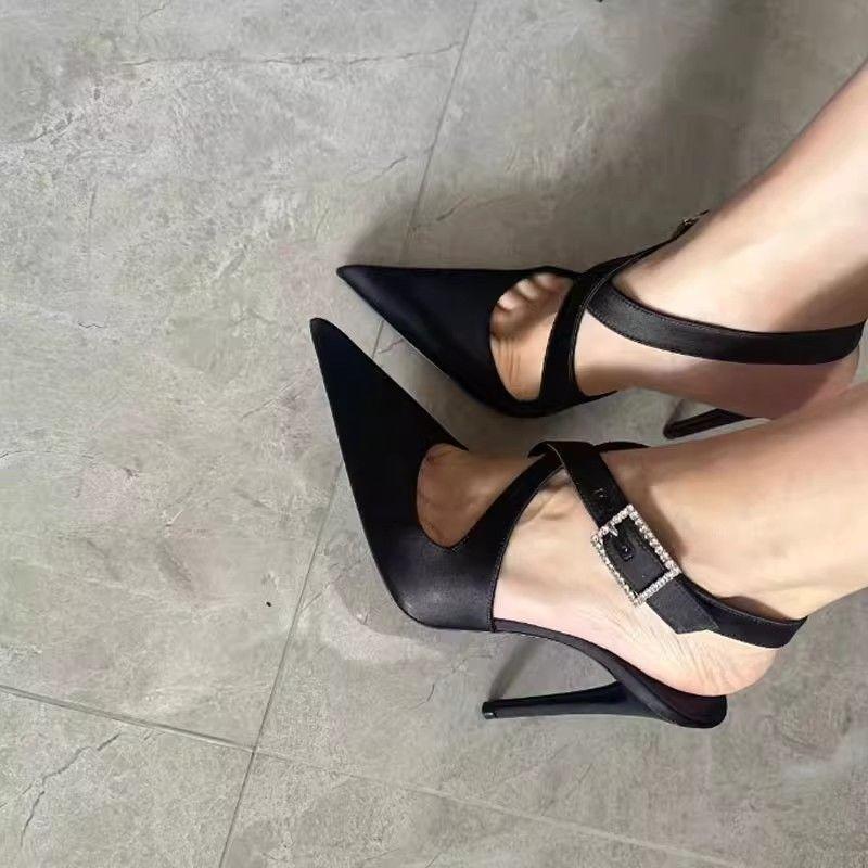 2025 New Pointed Cross Rhinestone High Heels Women's Sexy Versatile Banquet Dress Bag Head One-word Buckle Sandals
